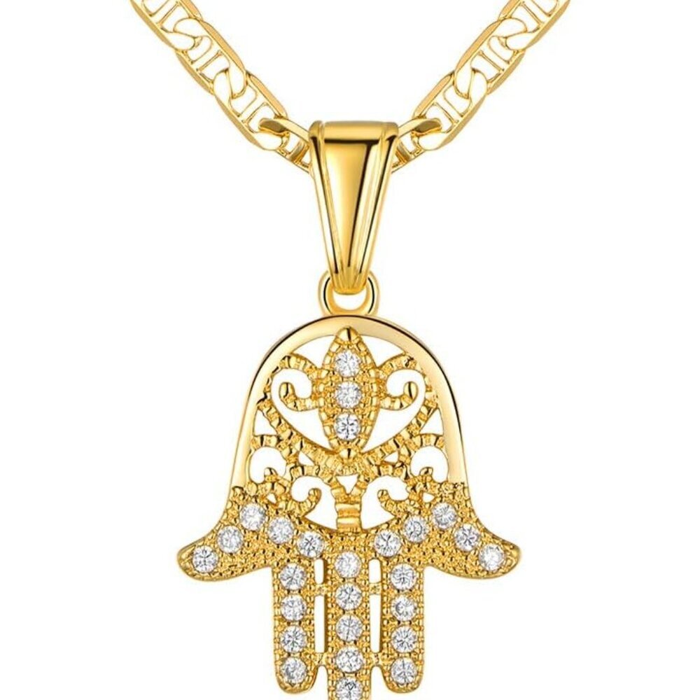 18K Gold Plated Flat Mariner/Marina 060 3MM Chain Necklace With Hamsa Hand Penda